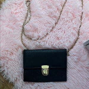 Sophisticated Black Leather Clutch with Gold Chain